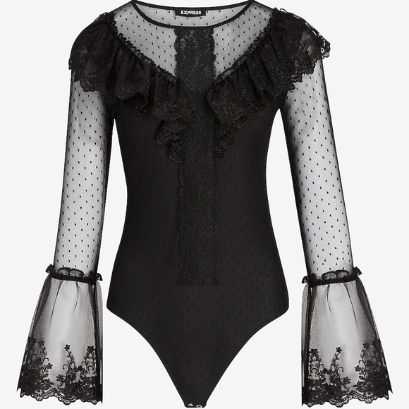 Express Tops - Sheer Swiss Dot Sleeve Ruffle Thong Bodysuit